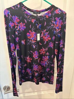 NWT rag & bone Sabeen Long-Sleeve black Tee with Pink and Purple Floral Print-S